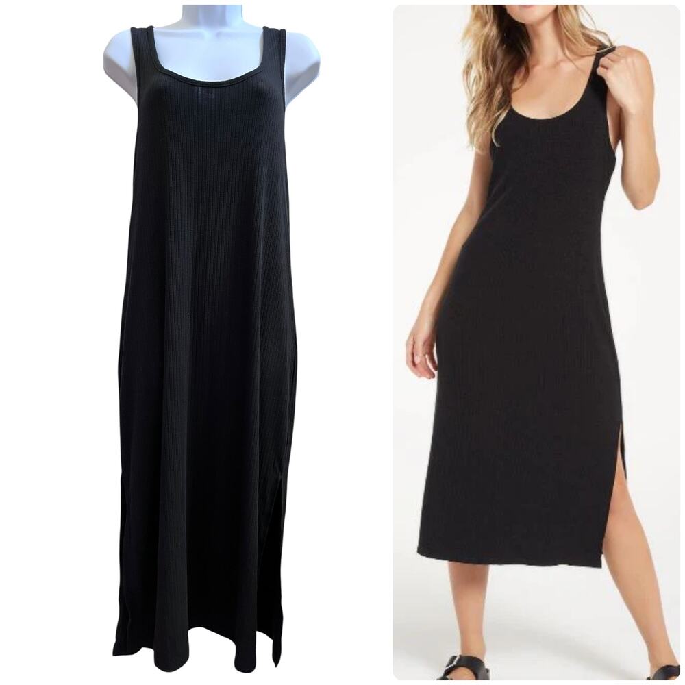 Z Supply Black Rib Racerback Side Slits Midi Tank Dress Size Small